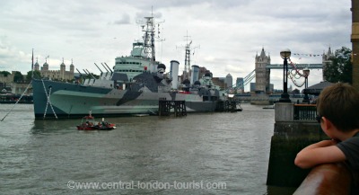 HMS Belfast, London. View from Bankside.